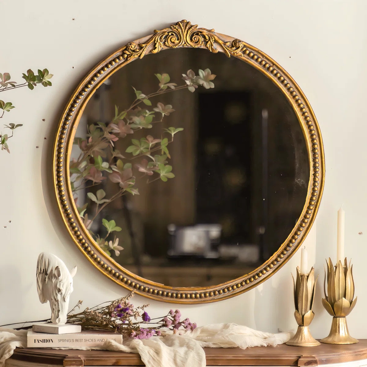 32" Round Frame Wall Decorative Mirror Gold Soild Wood | Wayfair North America