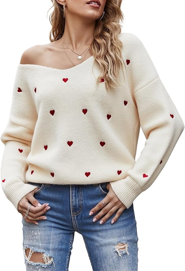 ECOWISH Women Valentine Heart Sweater V Neck Embroidery Knit Loose Casual Long Sleeve Ribbed Pull... | Amazon (US)
