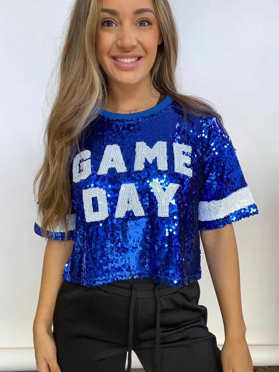 Game Day Sequin Crop Top - Blue and White | Willow Boutique