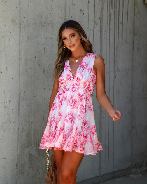 Solay Sleeveless Floral Mini Dress - White/Pink | VICI