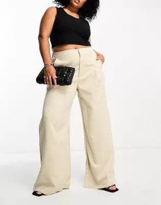 In The Style Plus x Gemma Atkinson high rise wide leg pants in beige | ASOS (Global)