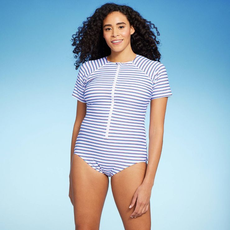 Women's Striped Short Sleeve Rash Guard One Piece Swimsuit - Kona Sol™ Multi | Target
