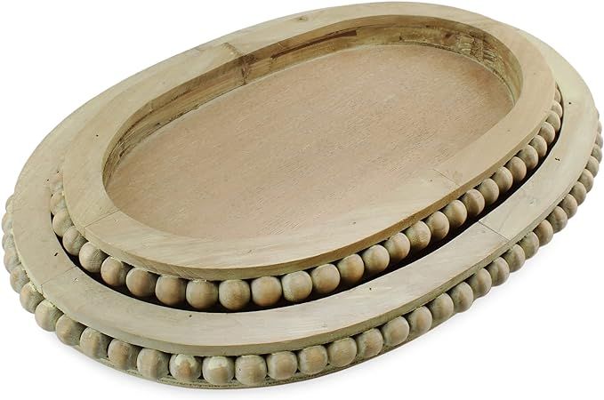 AuldHome Rustic Beaded Wood Tray Set (Set of 2); Farmhouse Distressed Oval Wooden Tray Set | Amazon (US)