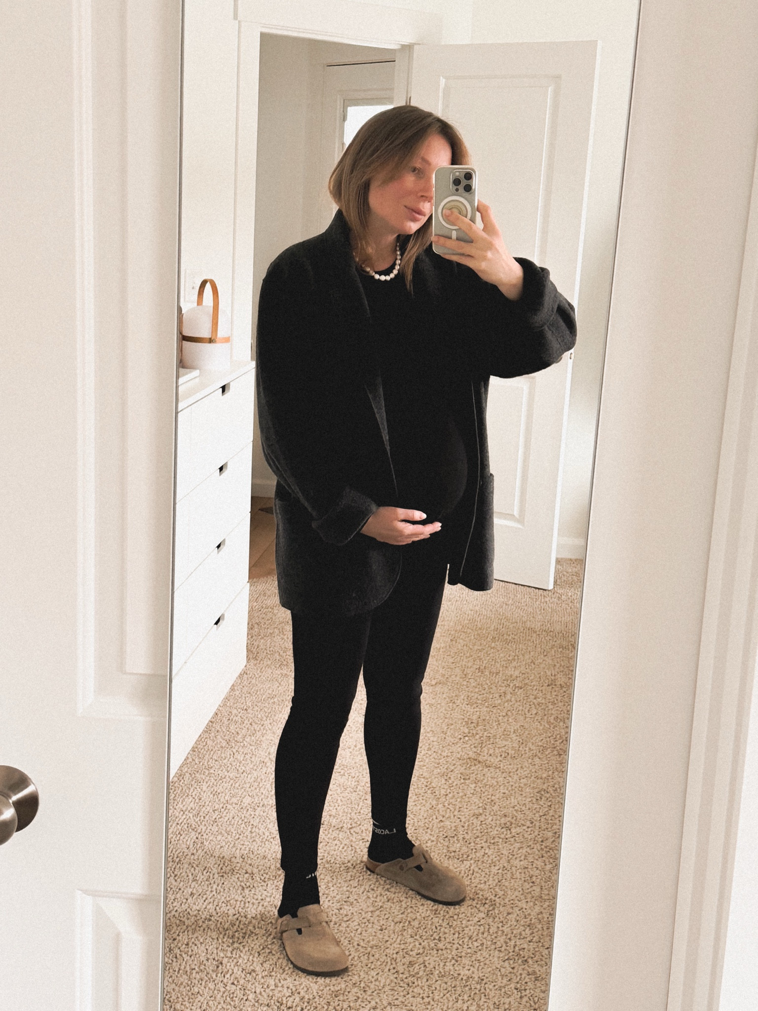 All black OOTD:  Mason Felted wool chore coat + James Perse slub long sleeve crew + H&M mama before and after sports leggings + Birkenstock Boston clogs 
Jewelry: Kinn Ruth Baroque pearl necklace 
Yay or nay? 

#LTKStyleTip #LTKSeasonal #LTKBump
