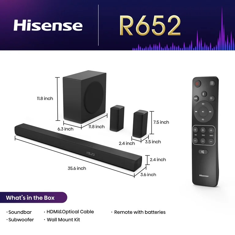 Hisense R652 5.1 440W output, Rear Surround Speakers, 6.5\u201d Wireless Subwoofer Soundbar, Dolb... | Walmart (US)