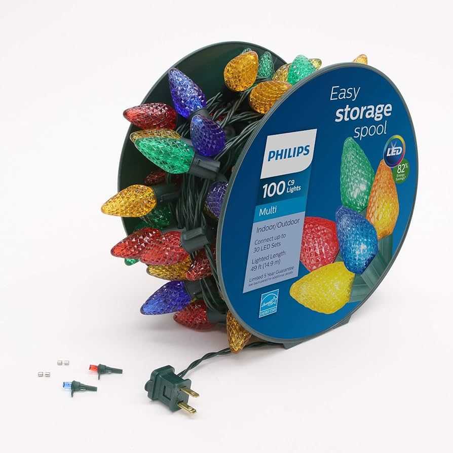 Philips 100 LED Multicolor Faceted C9 Christmas Lights on Green Wire with Storage Spool - UL List... | Amazon (US)