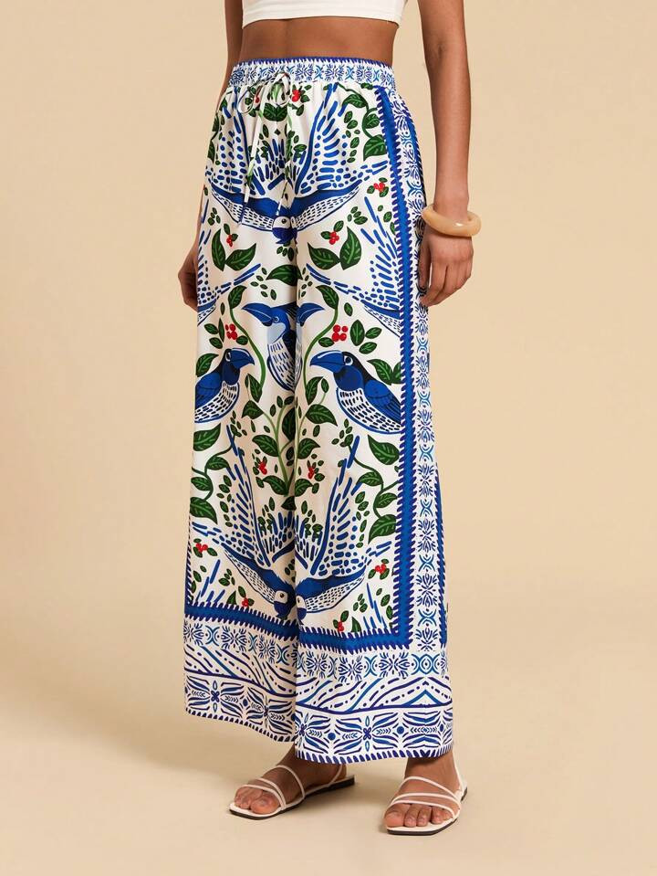 Travachic Tropical Flora And Fauna Printed Women's Wide Leg Pants Blue And White Printed Holiday Style Women's Clothing Summer Dresses For Women Women Maxi Dresses Long Summer Dresses For Women Vacation Women Maxi Dresses Spring Dresses For Women Women Maxi Dresses Dresses For Women Summer Women Maxi Dresses | SHEIN