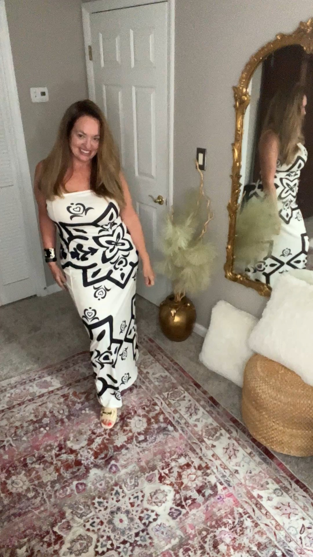 A tribal motif print column dress. Very lightweight. Strapless. Resort appropriate. Summer date night vibes.

#LTKootd #LTKgrwm #LTKOver40