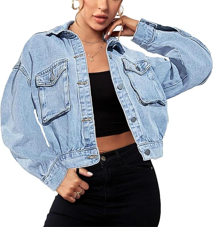Women's Casual Cropped Denim Jacket Western Basic Lapel Button Up Long Sleeve Trucker Jean Jacket... | Amazon (US)