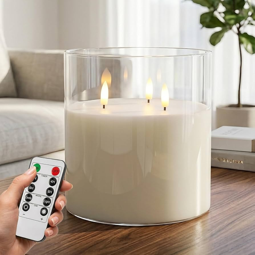 NICEME Extra Large 3 Wick Battery Operated Candle, 6"x6" Big Clear Glass Flameless Candles with R... | Amazon (US)