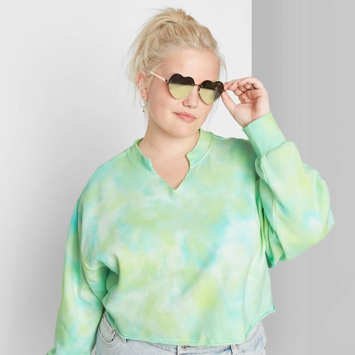 Women's Plus Size Tie-Dye Split Neck Cropped Sweatshirt - Wild Fable™ Green | Target