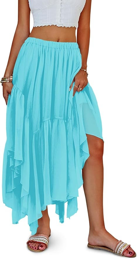 Fisoew Womens Summer Boho Maxi Skirt Casual Asymmetric High-Low Hem Flowy Bohemia Long Skirt | Amazon (US)