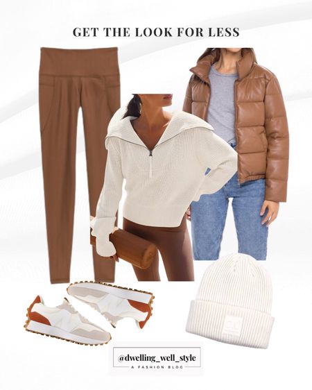 Get the Varley look on a budget: Collared Half-Zip Sweater, Faux Leather Puffer Jacket, Brown Athletic Leggings, Ivory Ribbed Beanie, New Balance Sneakers.

#LTKunder50 #LTKstyletip #LTKunder100