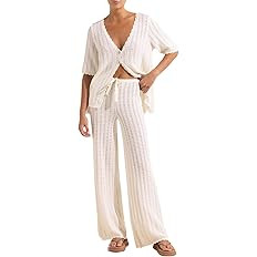 Imily Bela Women's Summer 2 Piece Swimsuit Cover up Crochet Knit Cardigan Tops Long Pants Set Bat... | Amazon (US)