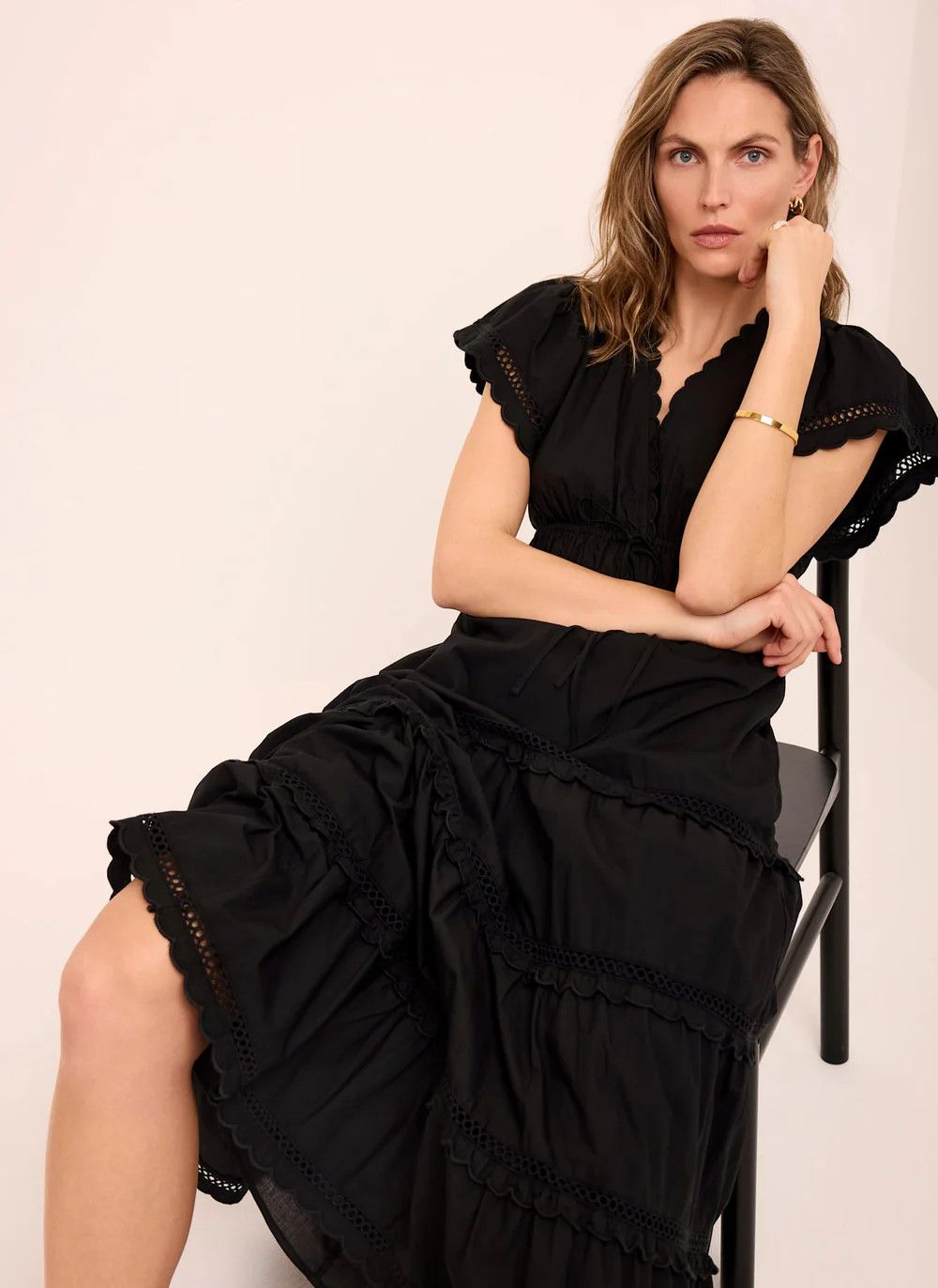 Black Cotton Ruffle Midi Dress | Mint Velvet