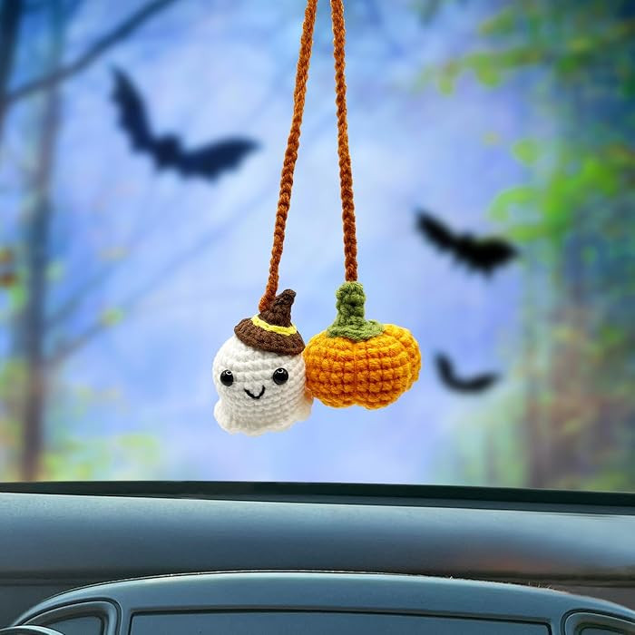 Crochet Car Mirror Hanging Accessories, Halloween Pumpkin and Ghost Cute Car Accessories for Wome... | Amazon (US)