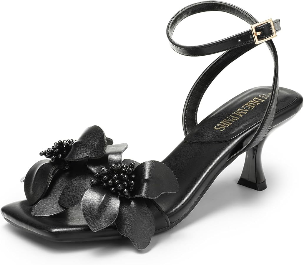 DREAM PAIRS Women's Flower Wedding Heels Cute Square Toe Slingback Low Kitten Heels Sandals with ... | Amazon (US)