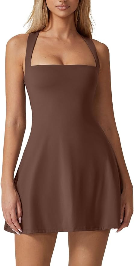 QINSEN Womens Square Neck Tennis Dress Sleeveless Built in Shorts Golf Athletic Dress with Pocket... | Amazon (US)