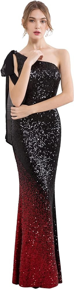 Angel-fashions Women's Asymmetric Ribbon Gradient Sequin Mermaid Long Prom Dress | Amazon (US)