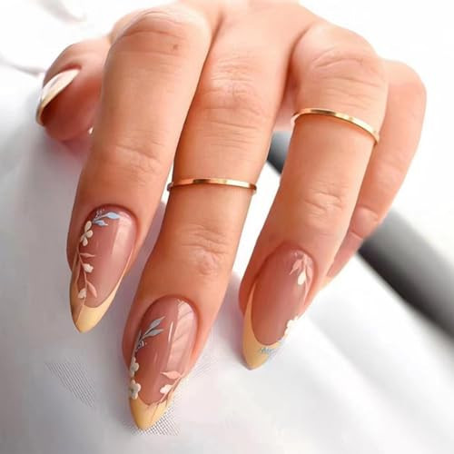 Flower Almond Press on Nails Medium Fake Nails French Tip False Nails with Designs Floral Glue on Nails Glossy Full Cover Acrylic Artificial Cute Stick on Nail for Women Nail Manicure 24pcs | Amazon (US)