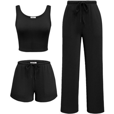 Ekouaer Women's 3 Piece Lounge Set Soft Twisted Rib Knit Summer Vacation Outfits Crop Top Shorts & Pants Set With Pokcet Black S | Target