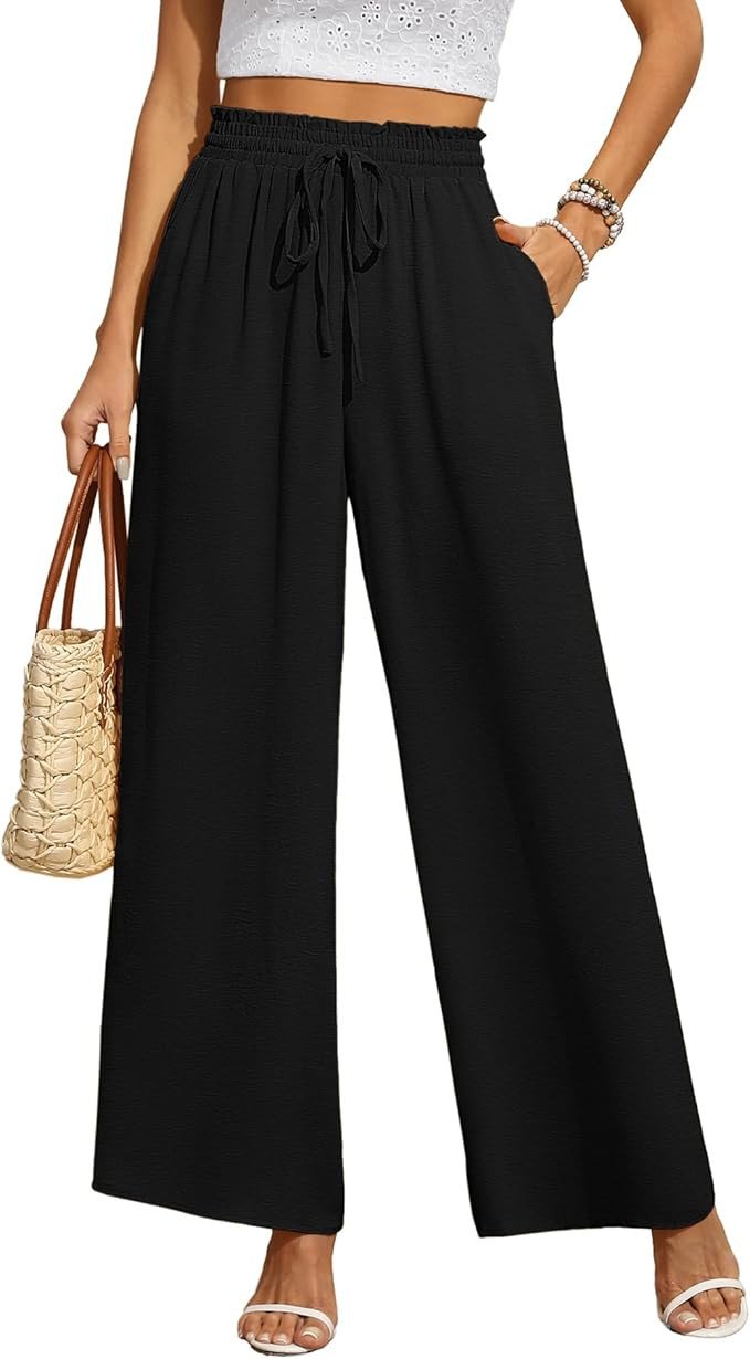CZYINXIAN Women's Casual Wide Leg Pants Flowy Adjustable Tie Knot Elastic Waist Pants with Pocket... | Amazon (US)