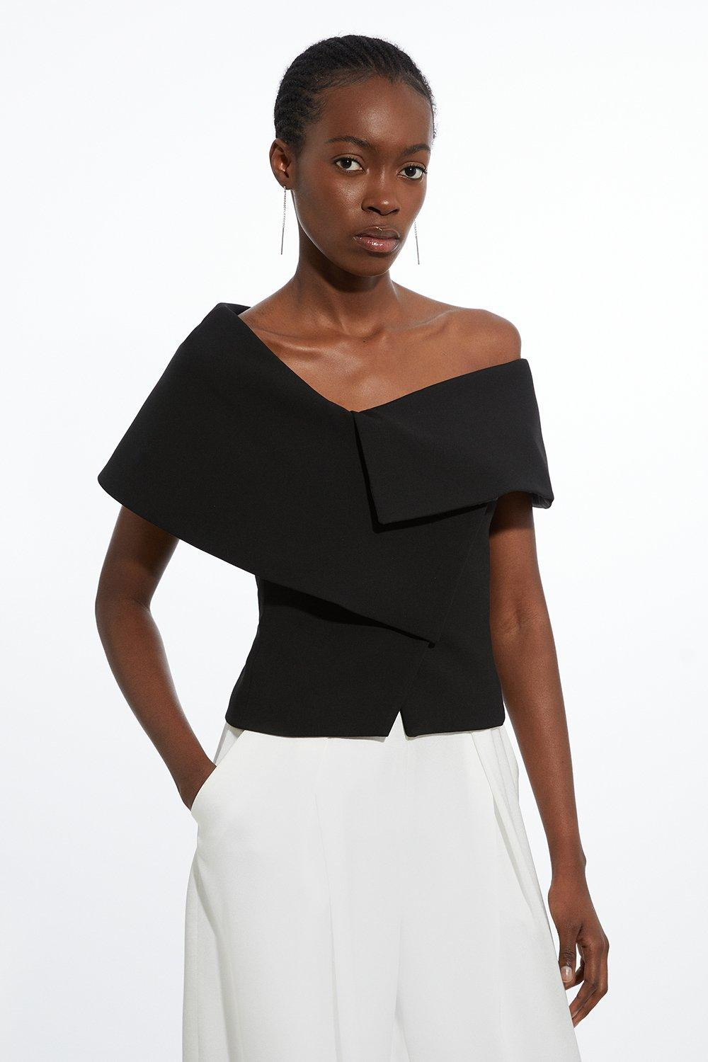 Compact Stretch Asymmetric Collar Tailored Top | Karen Millen US