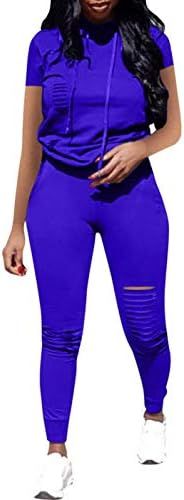 VNVNE Women Casual 2 Piece Sport Outfits Short Sleeve Ripped Hole Pullover Hoodie Sweatpants Set ... | Amazon (US)