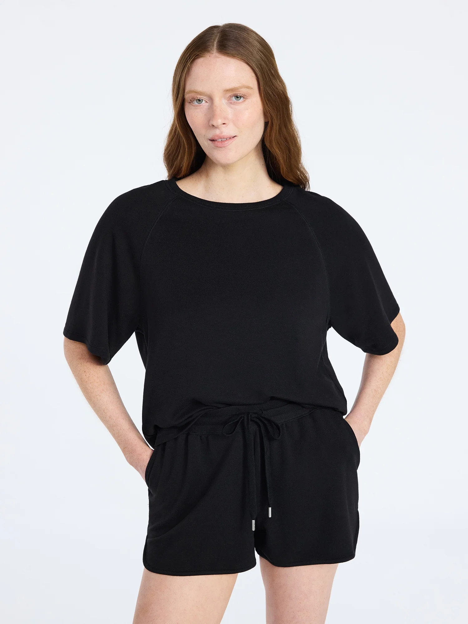 Joyspun Women's French Terry Lounge Sleep Short Sleeve Top and Shorts Set, 2-Piece, Sizes XS-3X | Walmart (US)