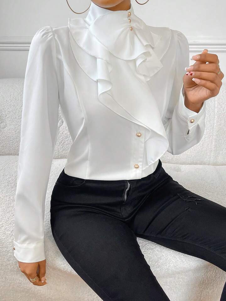 SHEIN Privé Women's Ruffle Peplum Hem Bubble Sleeve Work Women Blouse | SHEIN