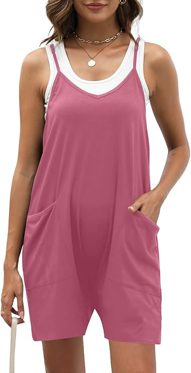 Nfsion Women's Casual Sleeveless Rompers Loose Spaghetti Strap Shorts Jumpsuit with Pockets | Amazon (US)