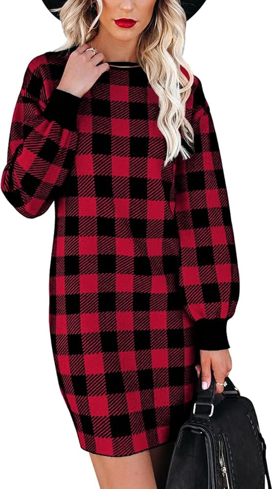 Spadehill Women Casual Crew Neck Knit Plaid Pullover Sweater Dress | Amazon (US)