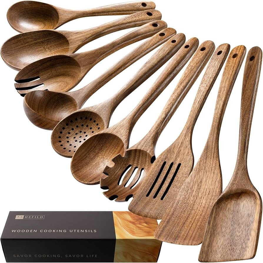Wooden Spoons for Cooking, Nonstick Cooking Utensil Set with 10 Piece Acacia Wooden Spatulas and ... | Amazon (US)