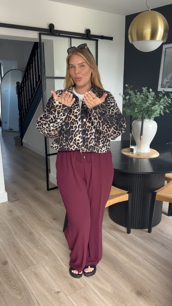 Autumn style. Transitional outfit. Burgundy trousers. Leopard jacket. Basic white tee. Ego sandals. Black Hermes dupes. Initial necklace. ASOS. River island. Topshop. Size 16. Size 18. Midsize. 

#LTKautumn #LTKmidsize #LTKstyletip