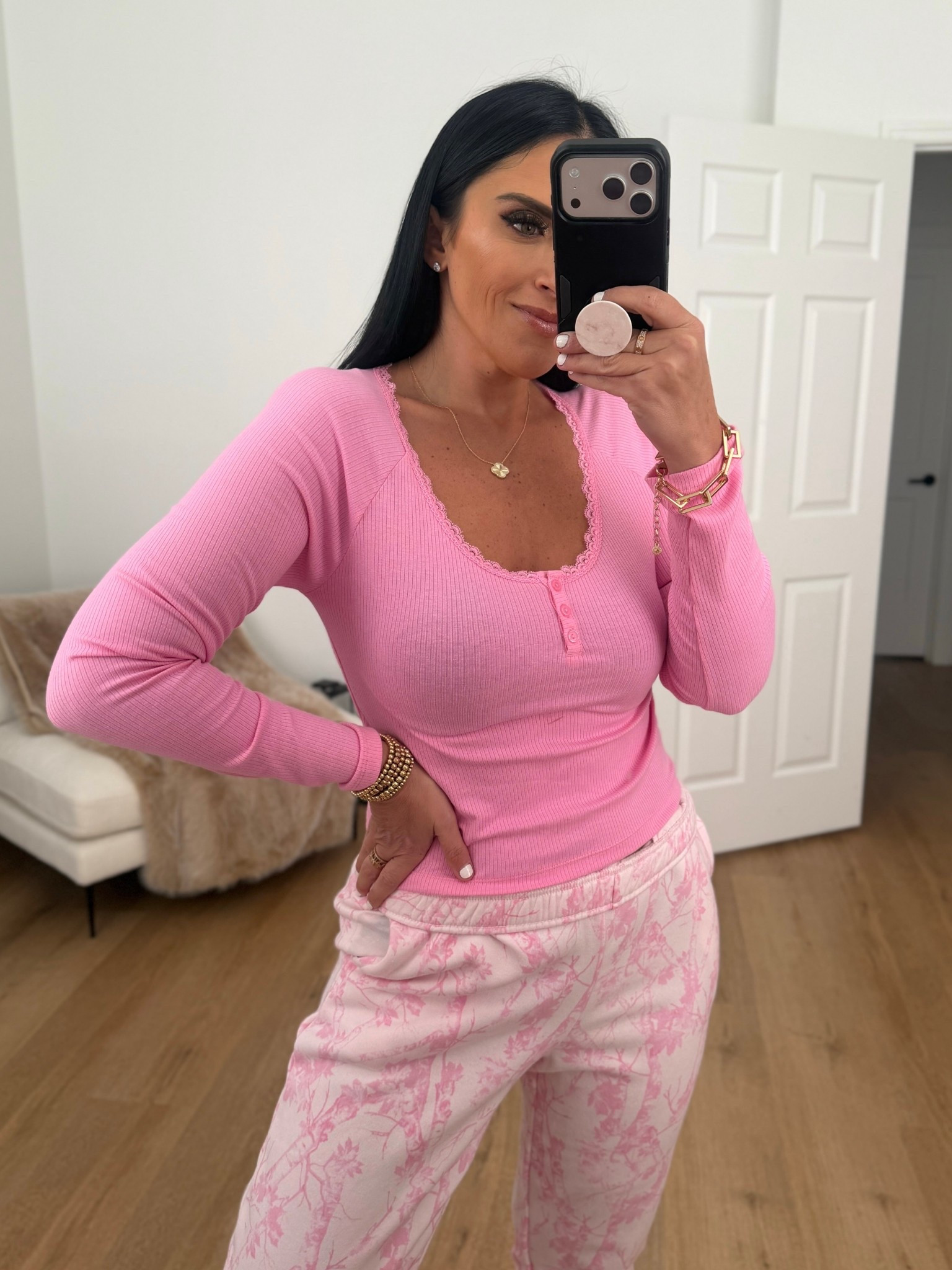 No Boundaries Long Sleeve Henley Top with Lace Trim wearing size medium. No Boundaries Printed Fleece Joggers wearing size small. 