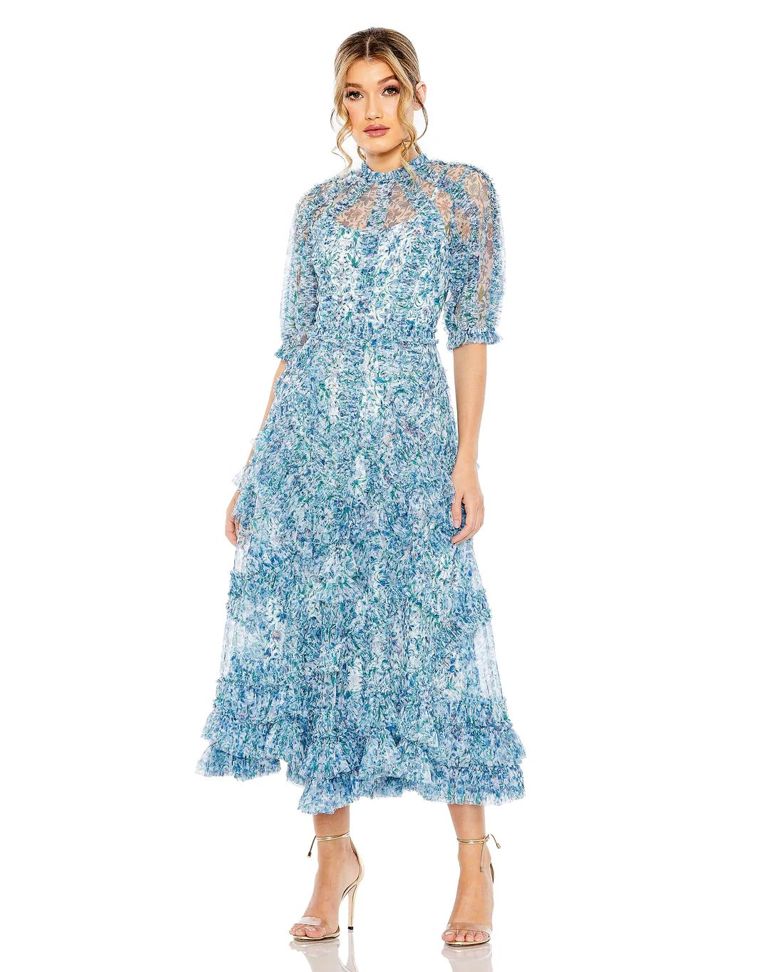 Mesh Puff Sleeve Floral Print Dress | Mac Duggal