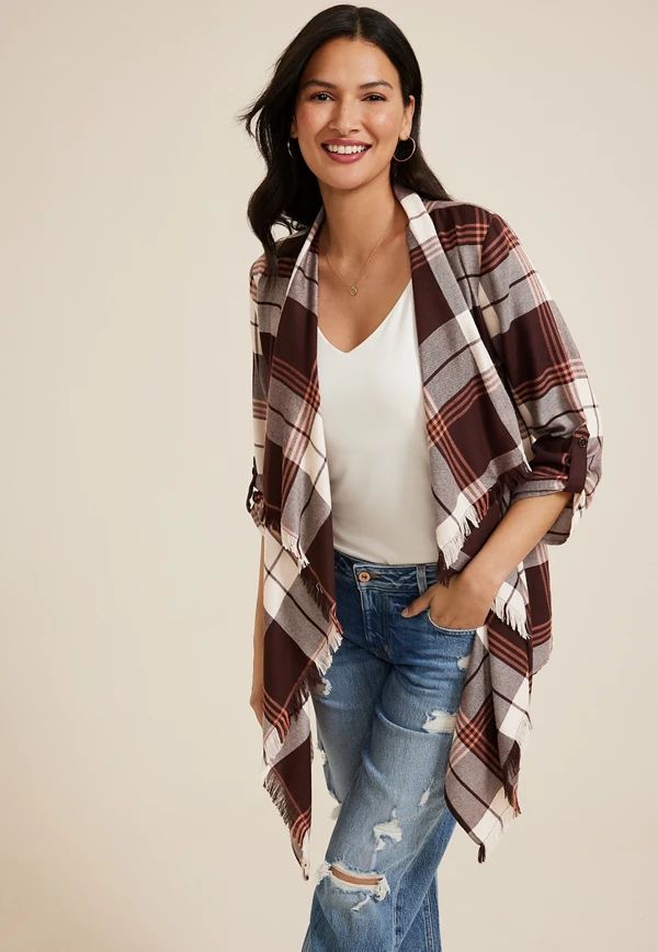 Plaid Open Front Kimono | Maurices