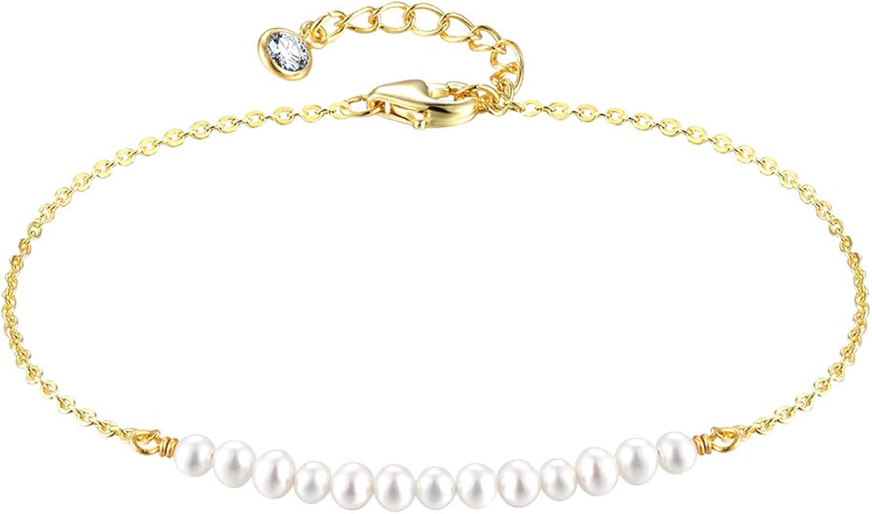 MEVECCO Gold Tiny Pearl Bracelet,14K Gold Plated Cute Beaded Freshwater Cultured Pearls Tiny Char... | Amazon (US)