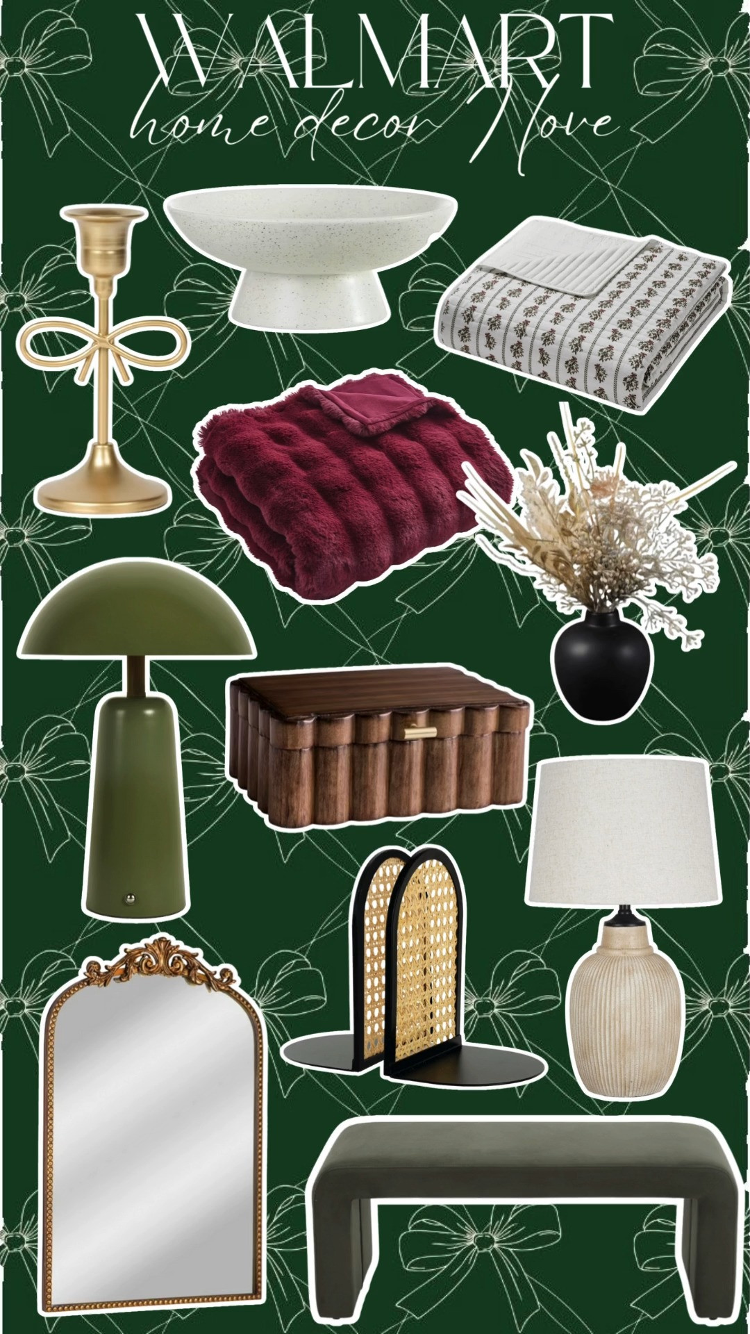 Walmart. home decor. gold candlesticks. trending. best sellers. viral. bowl. lamp. faux stems, bench. throw blanket. book ends. mirror.  

 #LTKHoliday #LTKHome #LTKFindsUnder100