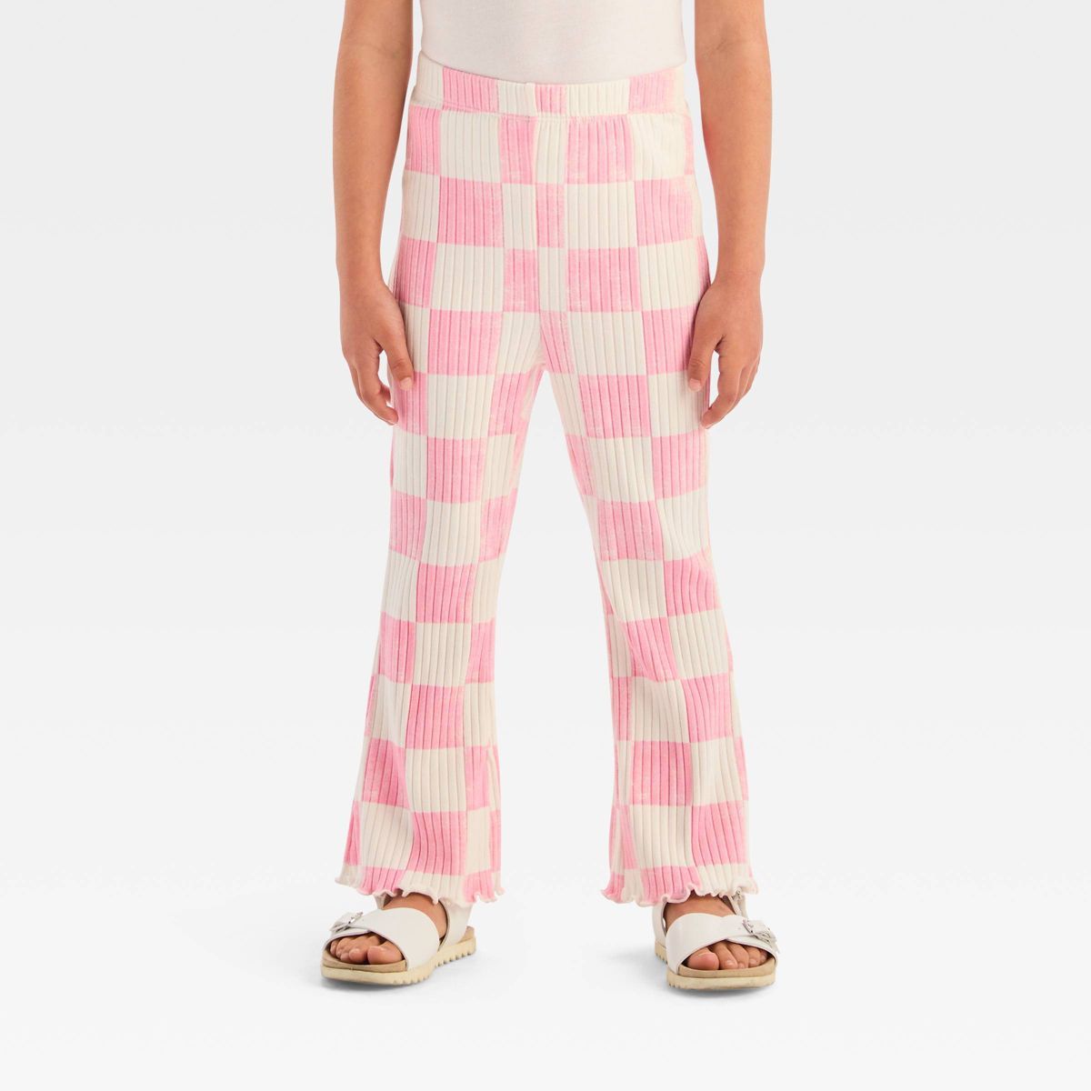 Grayson Mini Toddler Girls' Ribbed Checkered Flare Pants - Pink 12M | Target