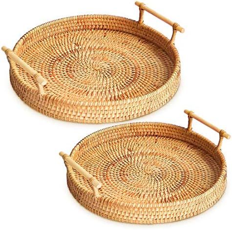 Rattan Round Serving Tray, 2 Size Hand-Woven Rattan Tray Serving Tray with Handles, Wicker Tray B... | Amazon (US)