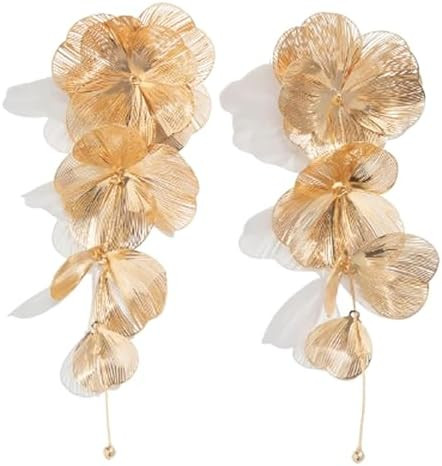 Gold Statement Flower Earrings,Chunky Punk Bunch Dangle Ginkgo Biloba Leaf Tassel Earrings Large ... | Amazon (US)