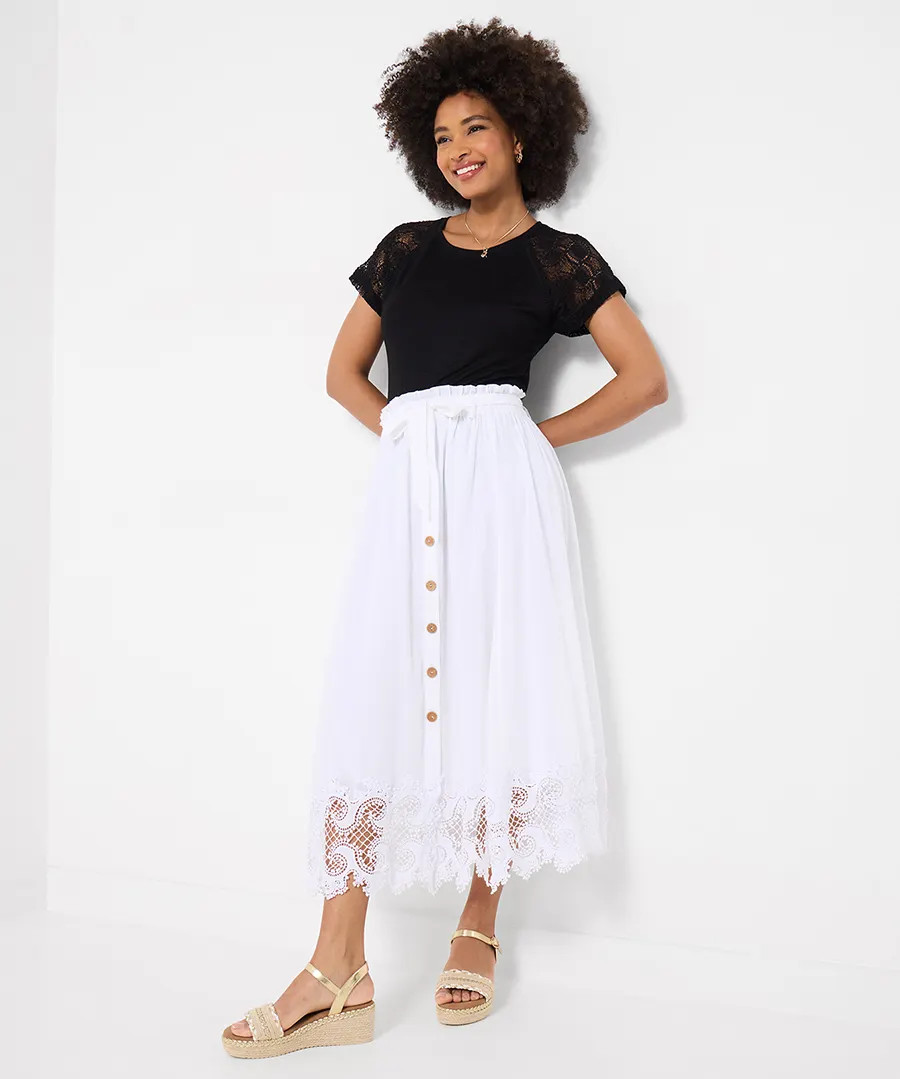 Beautiful Button Front Lace Trim Skirt | Joe Browns
