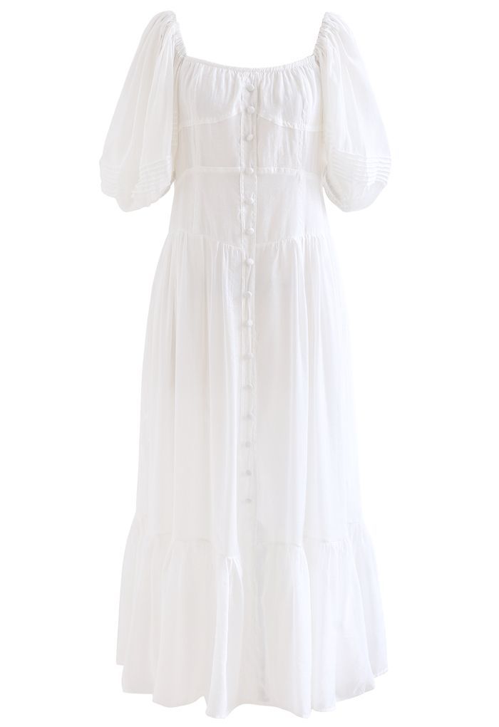 Flowy Puff Sleeves Buttoned Frilling Dress in White | Chicwish
