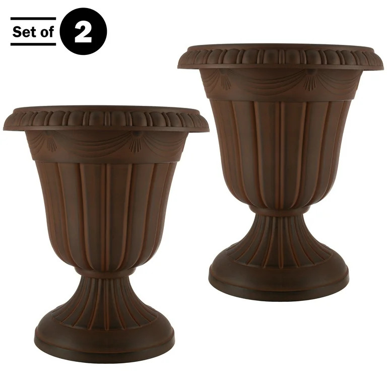 Pure Garden 16x18" Outdoor Urn Planter 2-Pack, Pedestal Flower Pots for Porch or Garden, Brown Pl... | Walmart (US)
