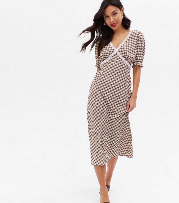 Brown Gingham Lace Trim V Neck Midi Dress
						
						Add to Saved Items
						Remove from Saved... | New Look (UK)