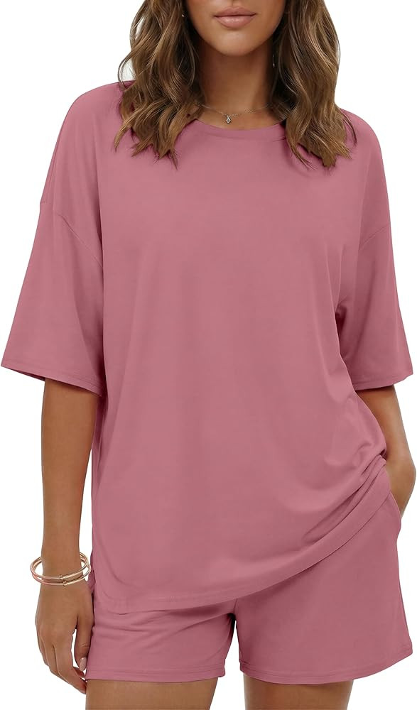 Ekouaer Women's Two Piece Lounge Set Oversized Boxy T-shirt Casual Short Sets Summer Travel Match... | Amazon (US)
