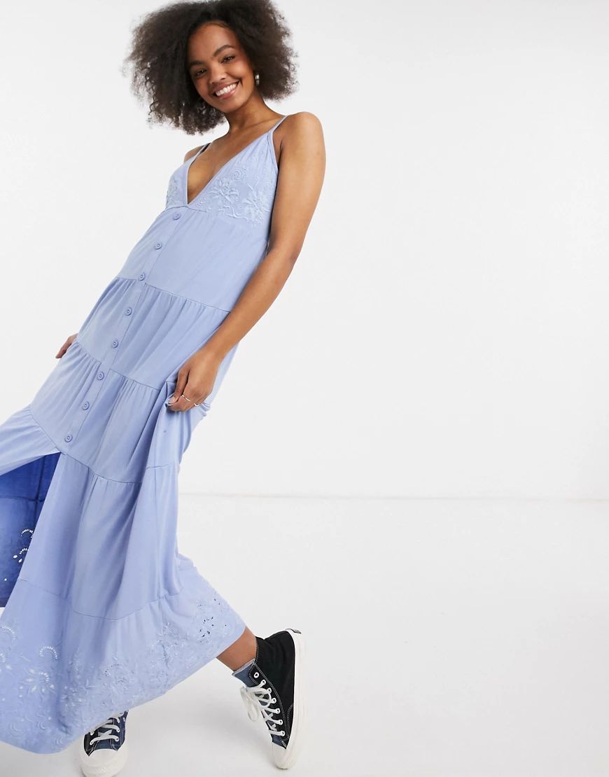 ASOS DESIGN cami maxi button front sundress with embroidery detail in blue | ASOS (Global)