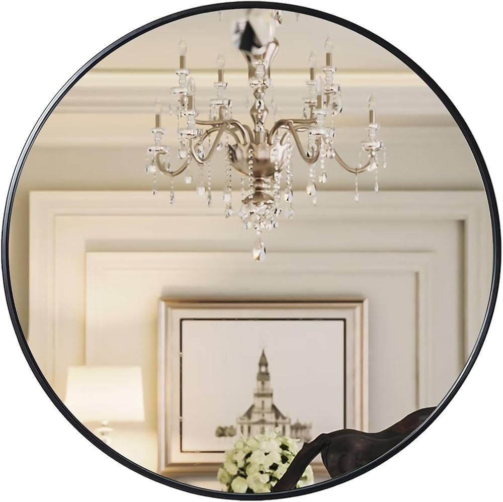 Growsun 28 inch Black Round Mirror, Bathroom Mirror for Wall, Wall-Mounted Circle Mirror for Livi... | Amazon (US)