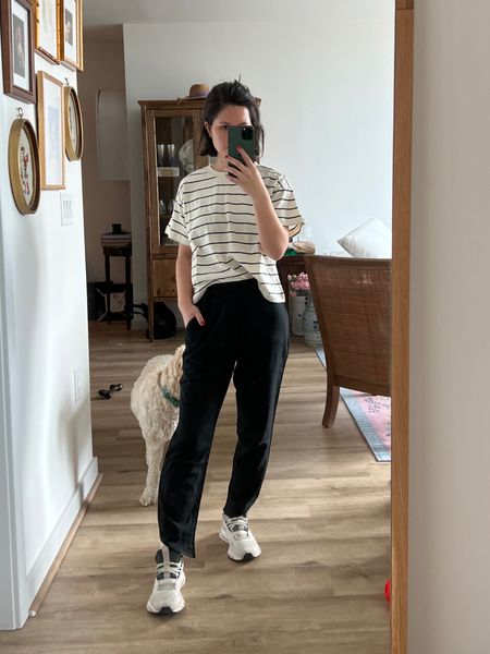 Tee - size xs
Pants - xs im 5’1” petite 

Striped shirts, striped tee, black pants, light weight pants, errands outfit, on sneakers, marine layer, casual, petite, over 30, cropped pants, travel outfit 

#LTKfindsunder100 #LTKstyletip #LTKfindsunder50